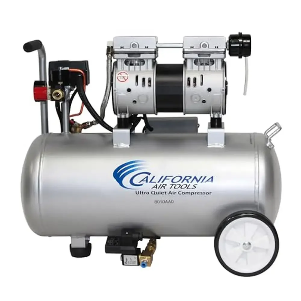 Ultra Quiet 1.0 HP Air Compressor 8 Gallon Tank Lightweight Portable Wheels 60 dBA Noise Level Oil-Free Dual Piston Pump System