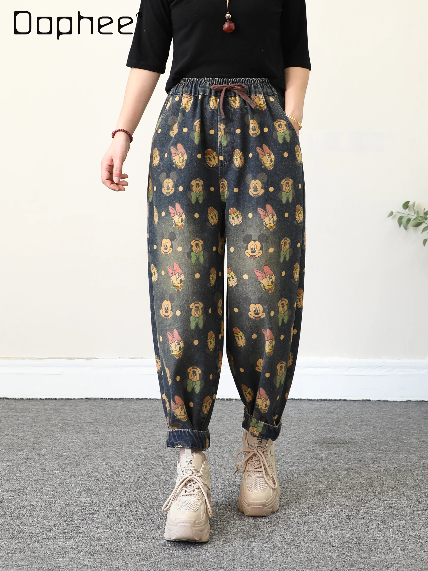 

Vintage Cartoon Print Jeans for Women Loose Lace-up Casual Cropped Pants 2025 Autumn New Elastic Waist Harem Pants Baggy Pants