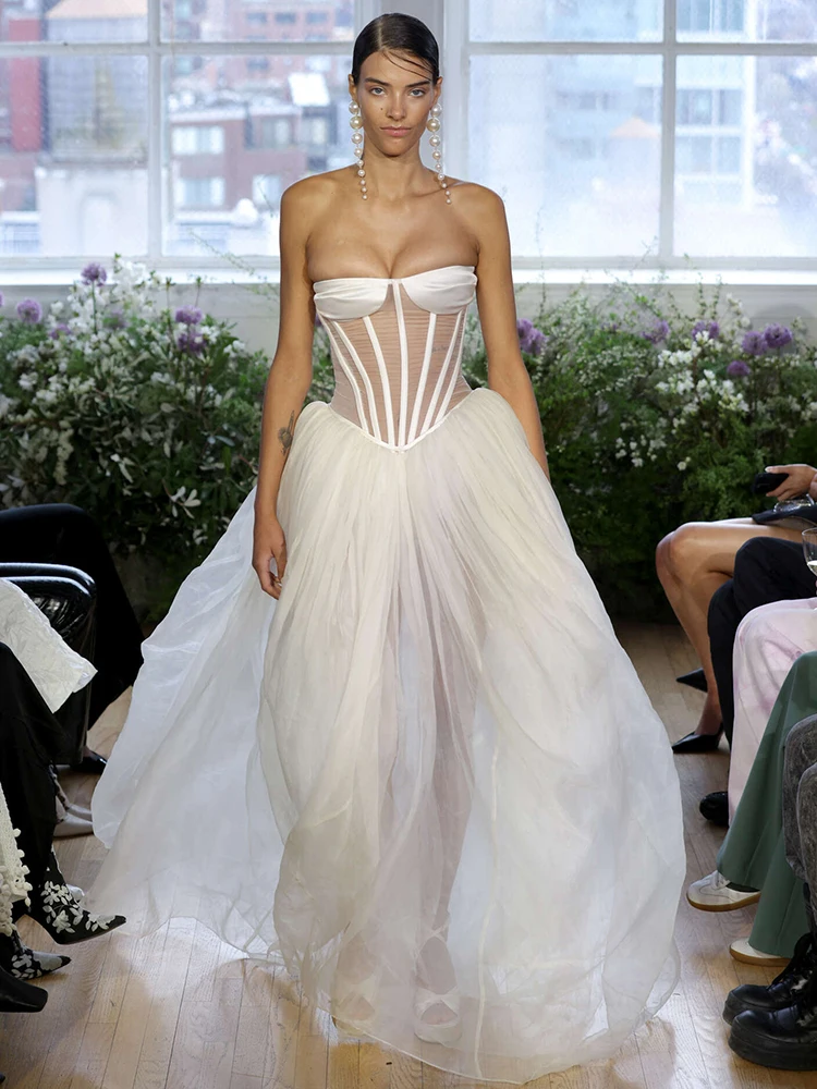 

Dreamy Sheer Corset Tulle Ball Long Dress – Strapless Mesh Bodice Couture-Inspired Evening High-End Party Gown for Women