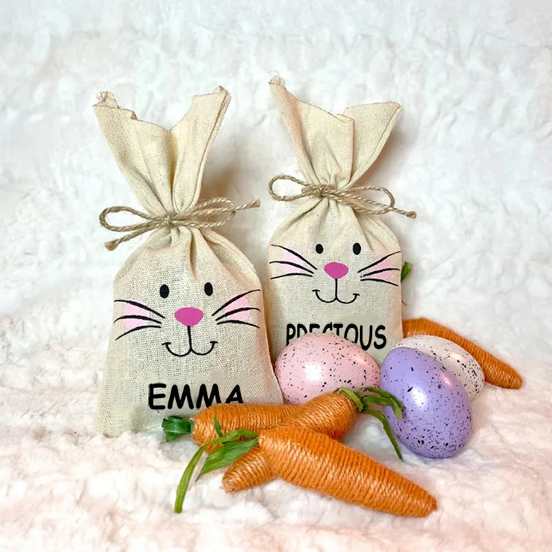 5pcs Custom Personalised names Bunny rabbit bags Egg Hunt basket Stuffers happy Easter Party decoration family kid boy girl gift