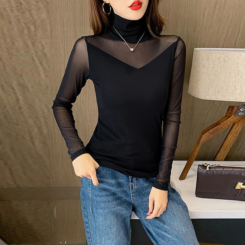 New Turtleneck Long Sleeve Women Perspective Sexy T-shirt S-2XL Blue Red Green Long Sleeve Slim Stretch Tops Ladies Sheer Tees