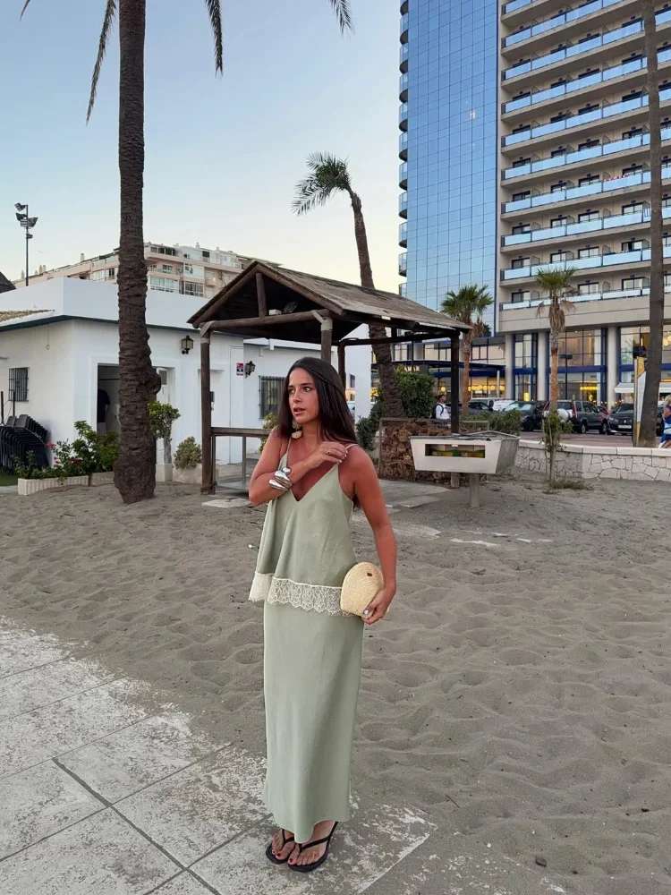 V Neck Lace Patchwork Sling Skirts 2 Pieces Set Sleeveless Backless Tops A Line Maxi Skirt Suit 2026 Vacation Women's Outfits