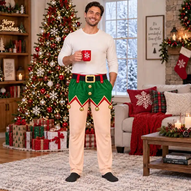 Men's Personalized Christmas Pajamas with Fashionable Printed Soft Holiday Pajamas and Fun Gingerbread Printed Pants