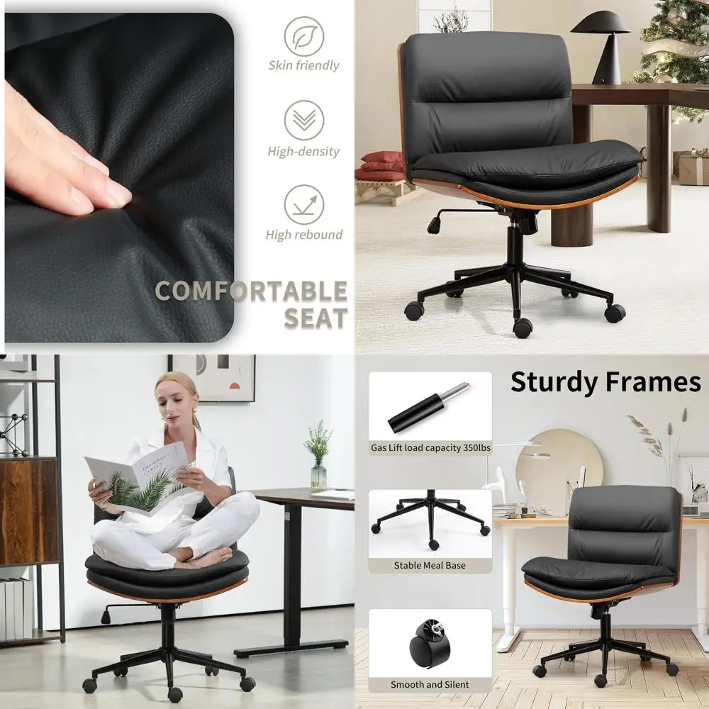 Walnut Office Desk Chair on Wheels, Adjustable PU Leather Swivel Task Chair, Ergonomic Cross-Legged Computer Chair for Home and
