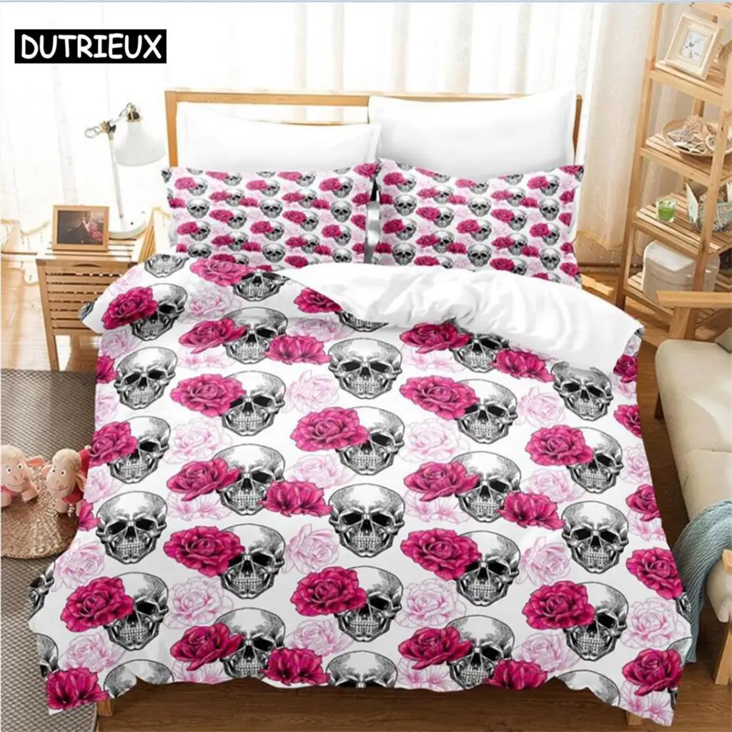 طقم سرير بطابع الورود والجمجموع لجميع المواسم - طقم غطاء لحاف مستوحى من الرسوم المتحركة بمقاسات مزدوجة وكاملة للملكة والملك