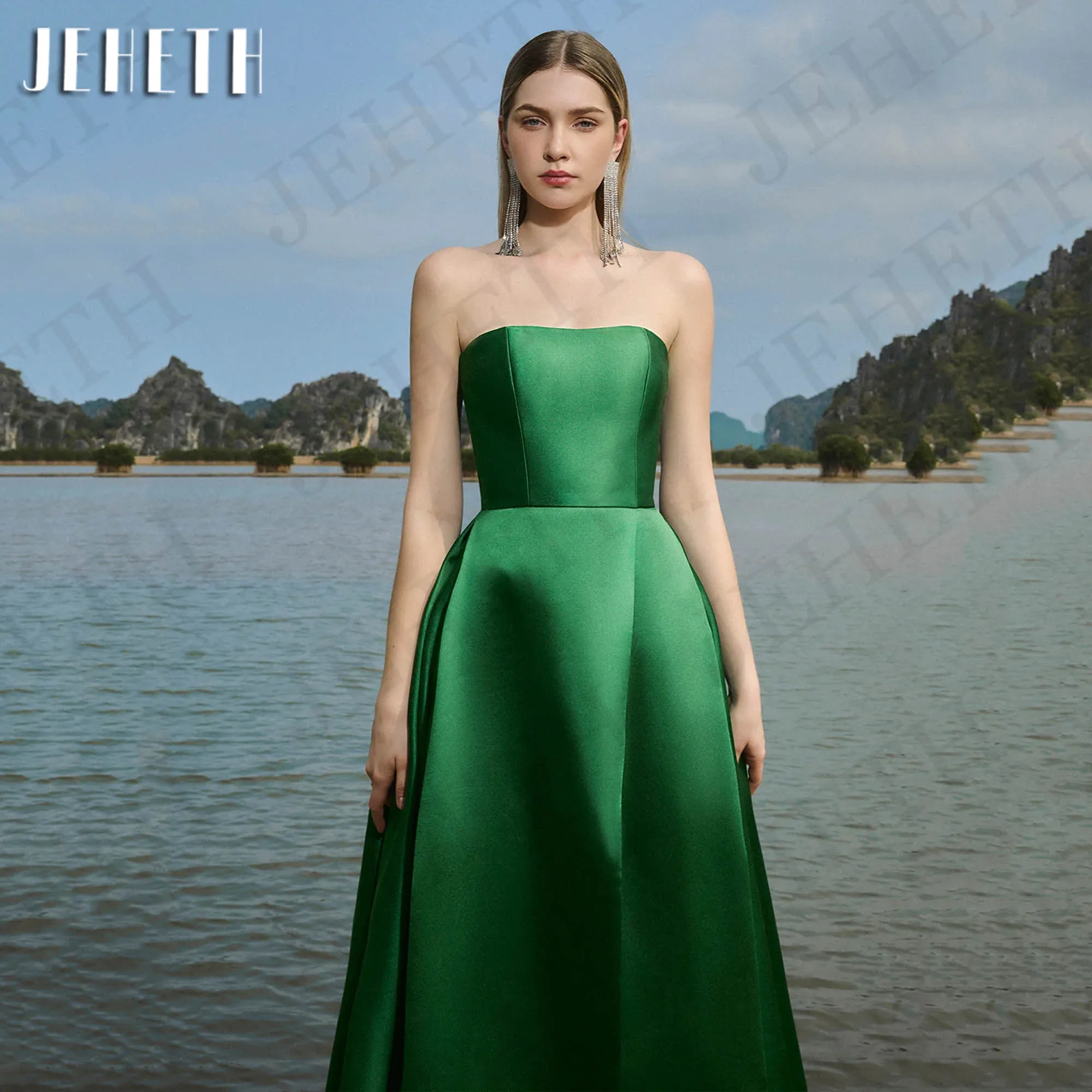 JEHETH Gold Simple Evening Dresses For Women 2024 Elegant A Line Satin Split Wedding Guest Dress kleider für besondere anlässe