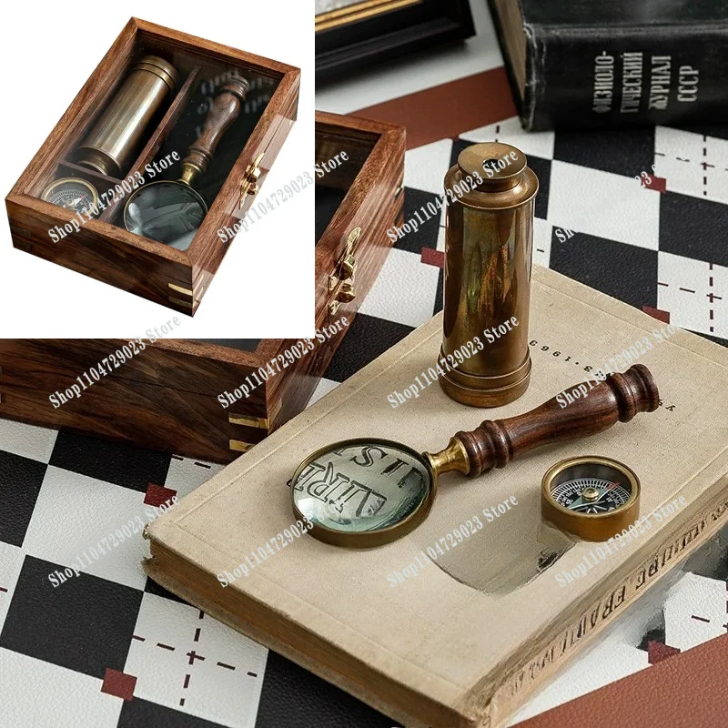 Vintage brass antique magnifying glass compass telescope outdoor nautical set study western ornament