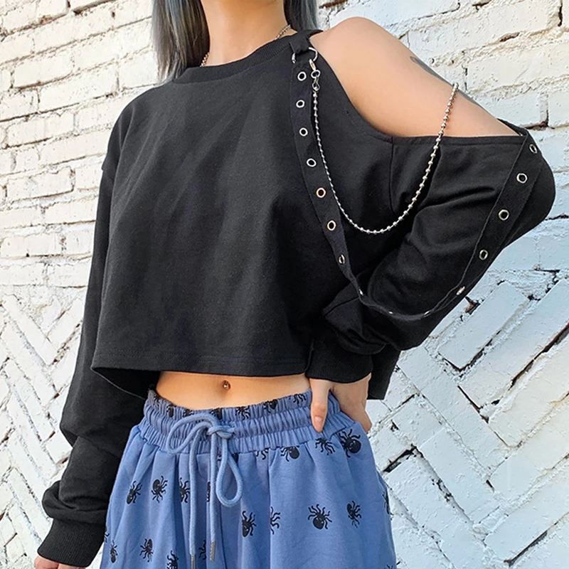 Punk Chain Off Shoulder T Shirt Women Long Sleeve Sexy Sweatshirt Casual Solid Crop Top Autumn Winter Clothes Black Top