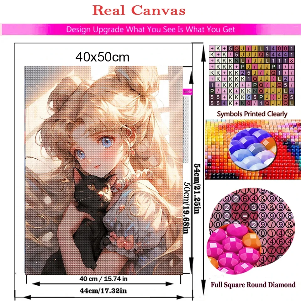 New Anime Balck Cat And Fairy 5D Diy Diamond Painting Cartoon Girl Full Square Round Drill Mosaic Embroidery Cross Stitch Kits