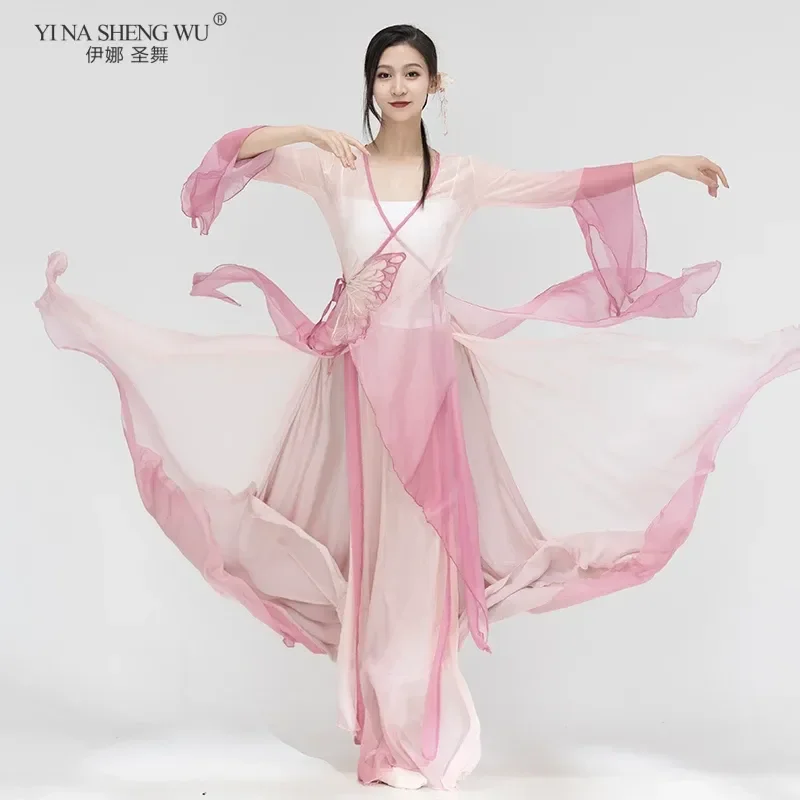 Classical Fan Dancer Performance Costume Chiffon Open Collar Practice Dance Costume Folk Dance Costume