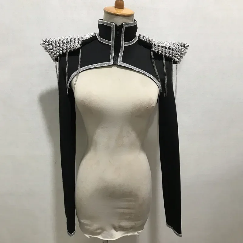 Women Jazz Dancer Singer Rivet Armor Waistcoat Stage Performance Accessories Black Red Rivet Shoulder Pads Vest Dance Costume