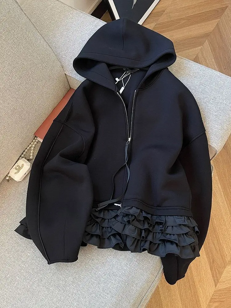 plus Size Hoodie Zipper Female Model 300 Pounds Spring Autumn New Style Mushroom Ruffle  Trendy Women's Sweatshirt