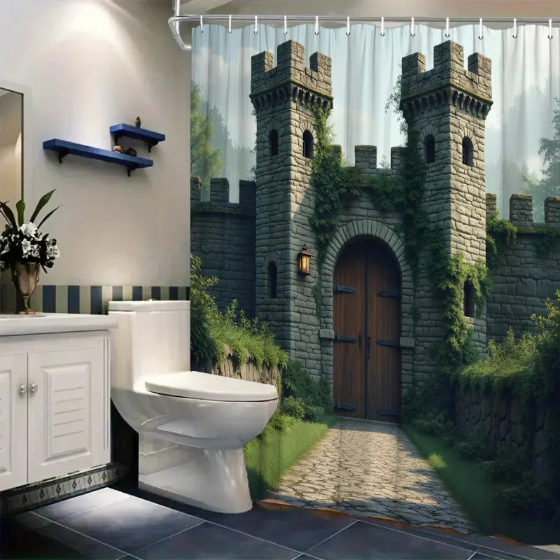 Medieval Castle Shower Curtain Waterproof Fantasy Stone Gate Bathroom Liner 180x200cm Gothic Luxury Garden Decor Curtain