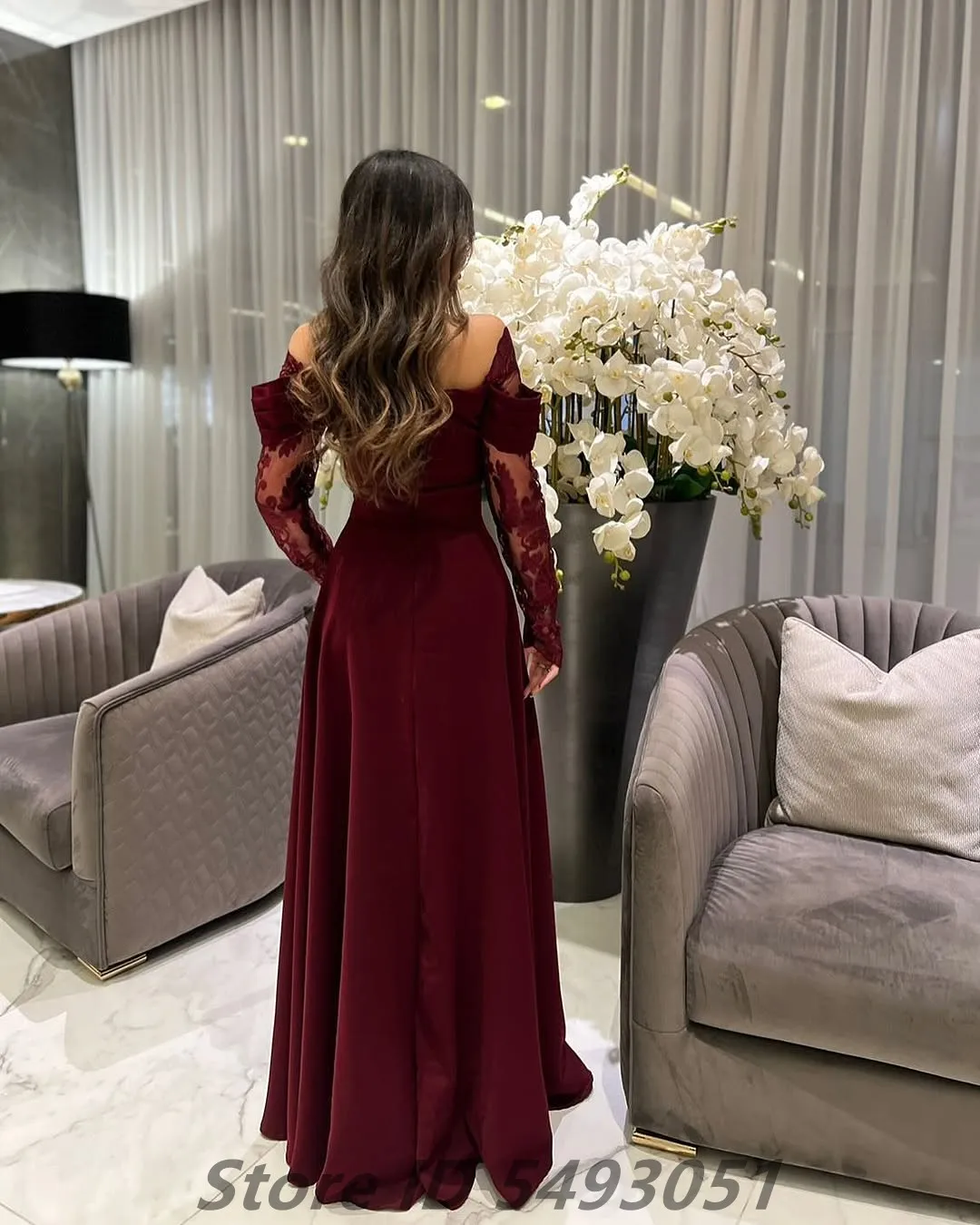 2025 Burgundy Evening Dress For Wedding Party Lace Long Sleeve Off Shoulder Prom Dress Saudi Arabic Party Gown Customized image 4