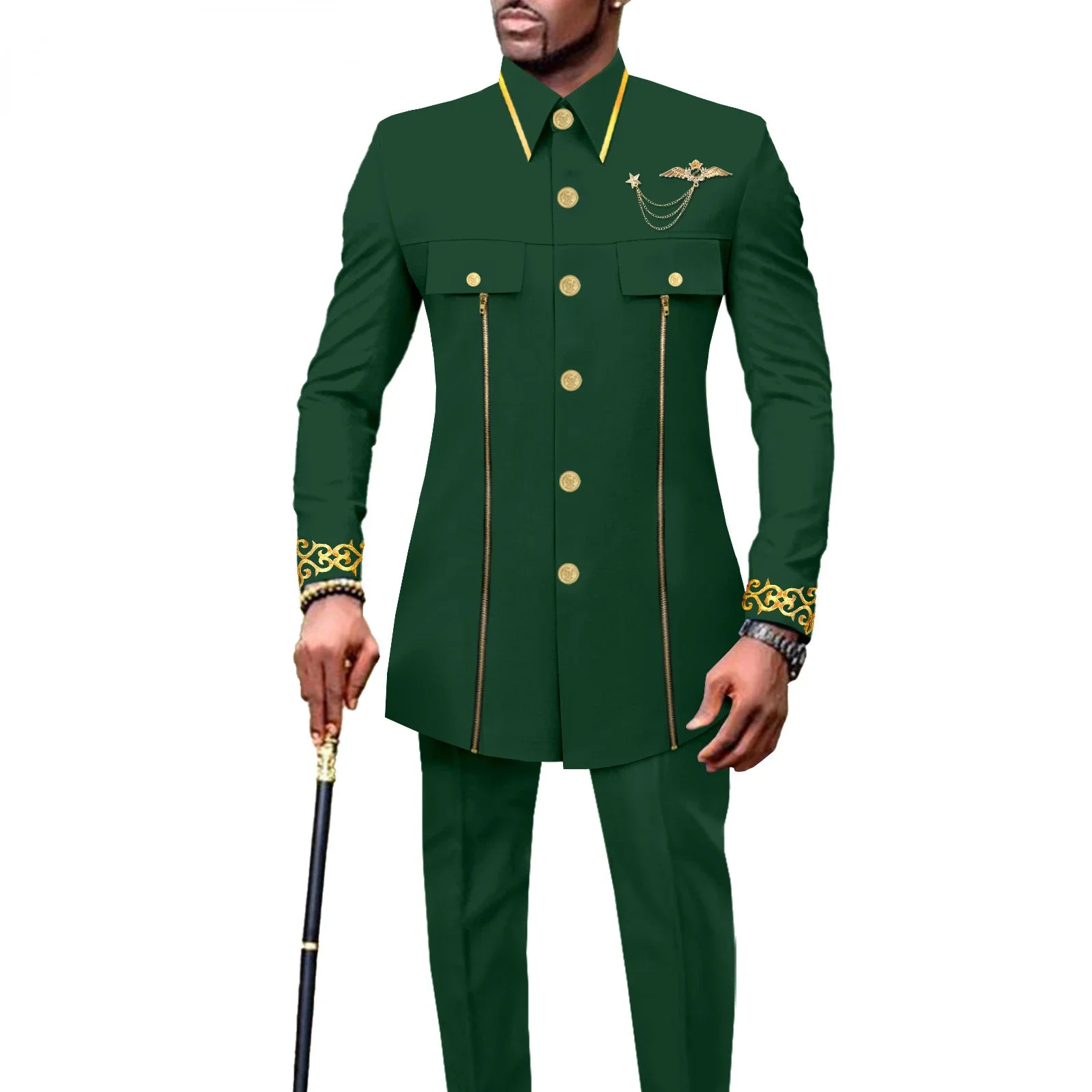 new fashion casual African ethnic solid color cotton men\'s casual embroidered jacket + pants 2 sets mens clothes funny suit