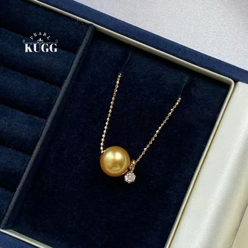 KUGG PEARL 18K Yellow Gold Necklace Shiny Diamond 10-11mm Real Natural South Sea Gold Pearl Necklace for Women Fine Jewelry