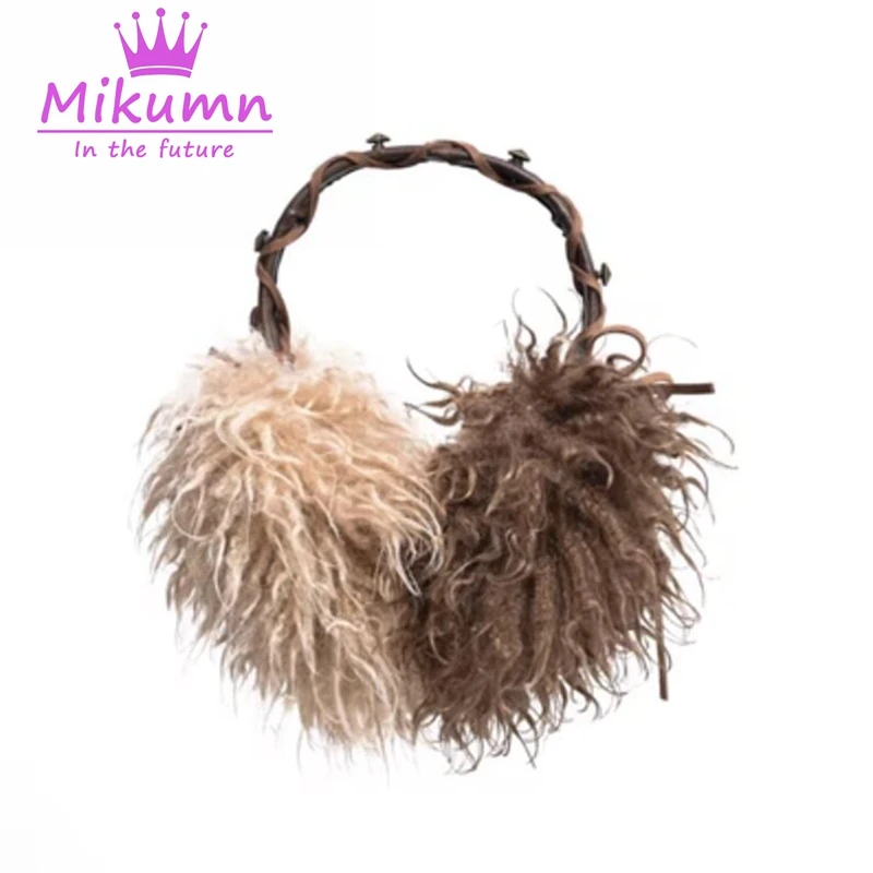 Original Gothic Vintage Wool Furry Earmuffs For Women Winter Warm Windproof Outdoor Chic Streetwear