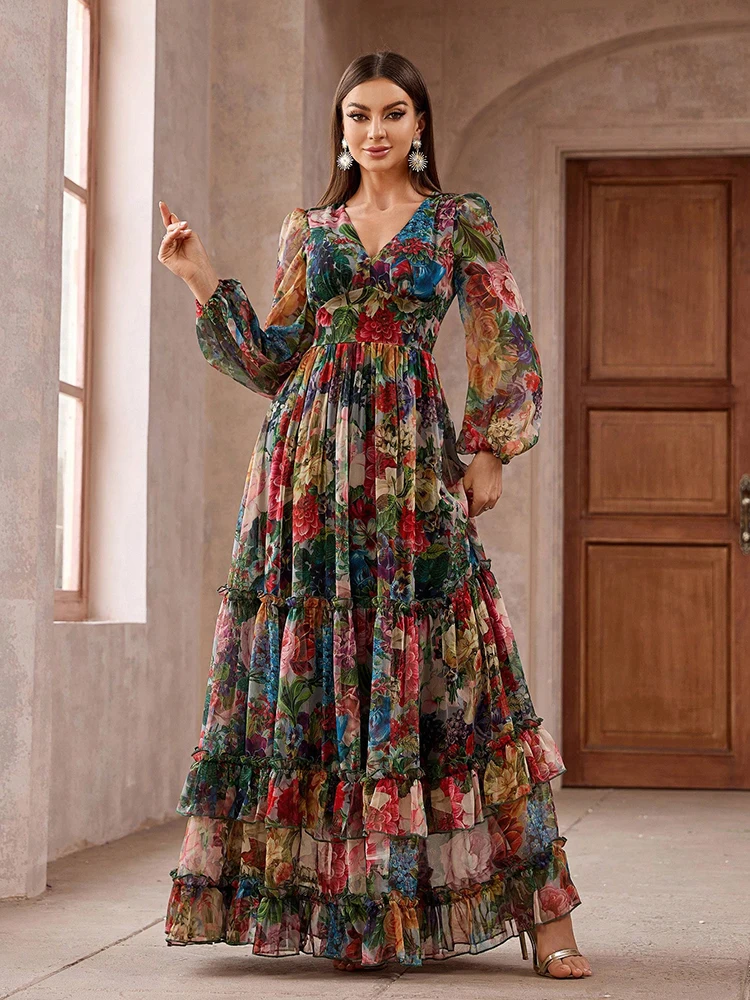 TOLEEN 2024 New Casual Elegant Boho Vacation Party Dresses Women's Vintage Floral Print Long Sleeve Frill Trim Summer Maxi Dress