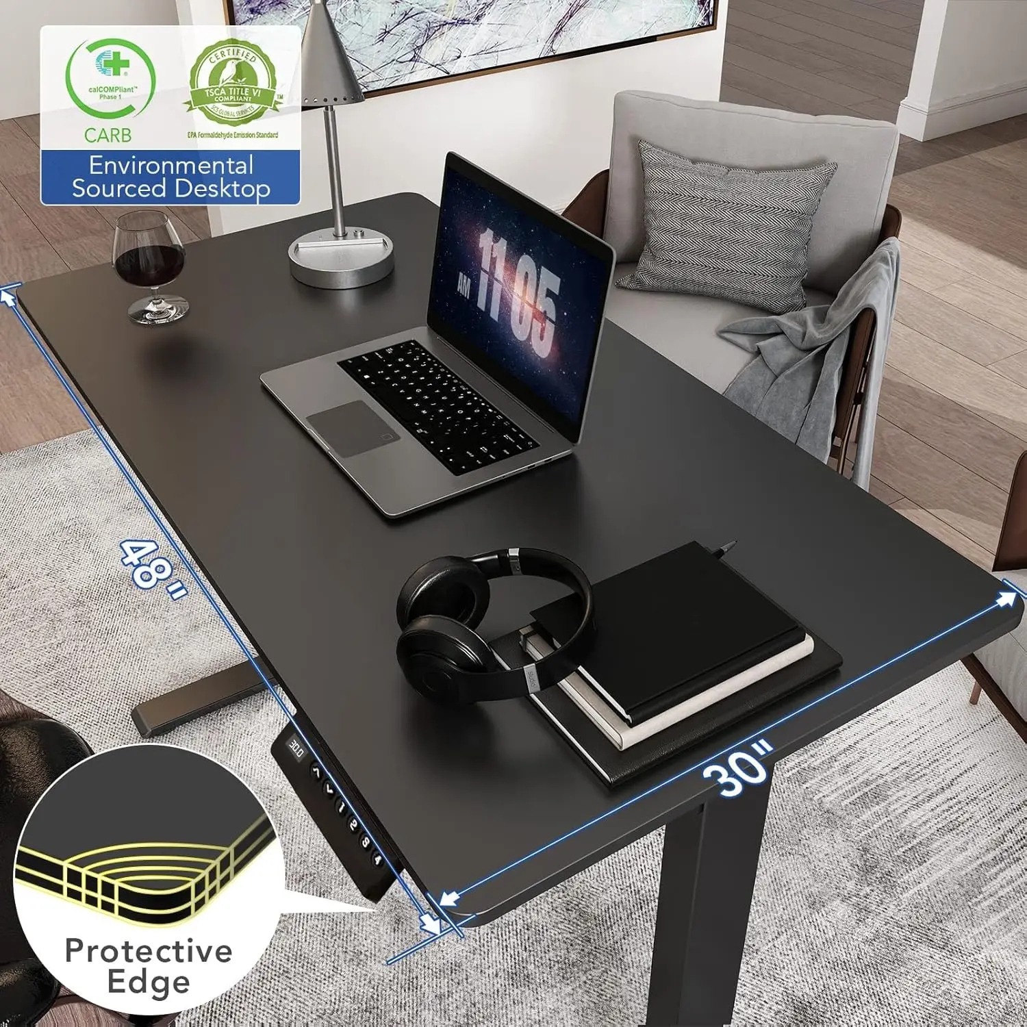 48x30 Inches Whole-Piece Desktop Ergonomic Memory Controller Electric Stand Up Desk with Desk Clamp Power Strip,Cable Management