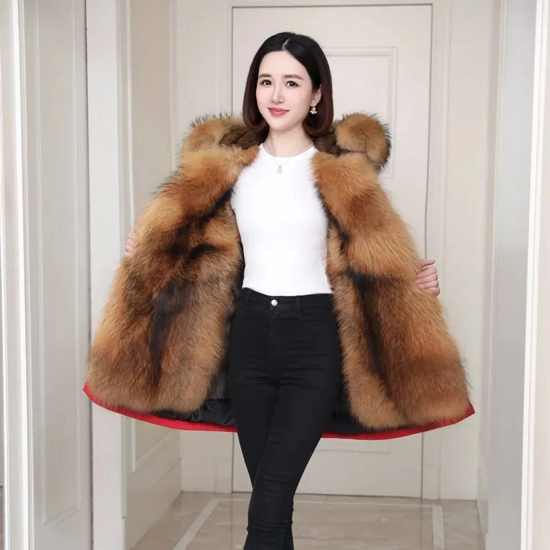 

Winter Womens Jacket Long Fur Parkas Big Fur Collar Hooded Coat Thick Warm Parkas Detachable Inner Lining Faux Fur Coat Overcoat