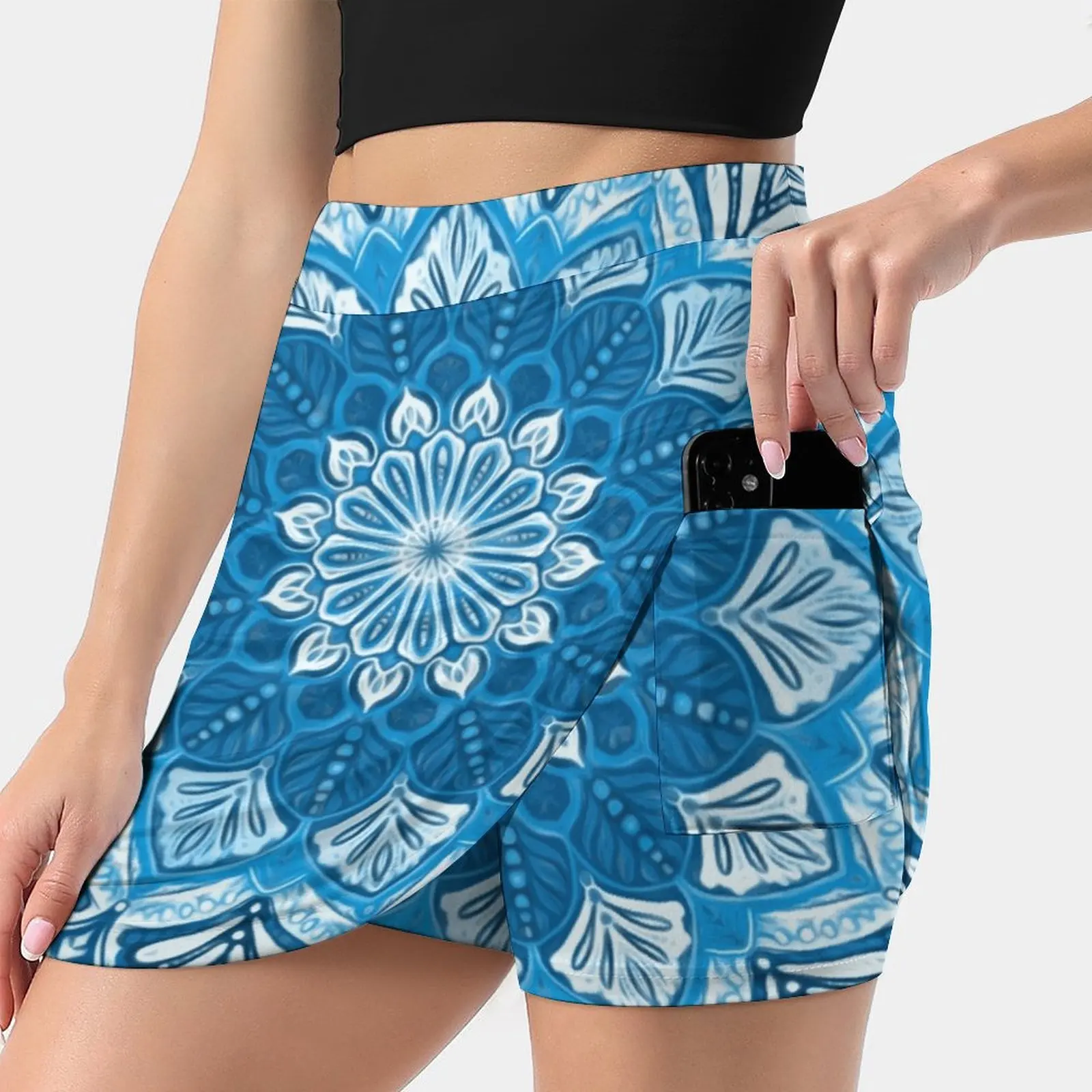 Boho Mandala In Monochrome Blue And White Women'S Fashion Sporting Skirt With Pockets Tennis Golf Running Skirts Mandala Boho