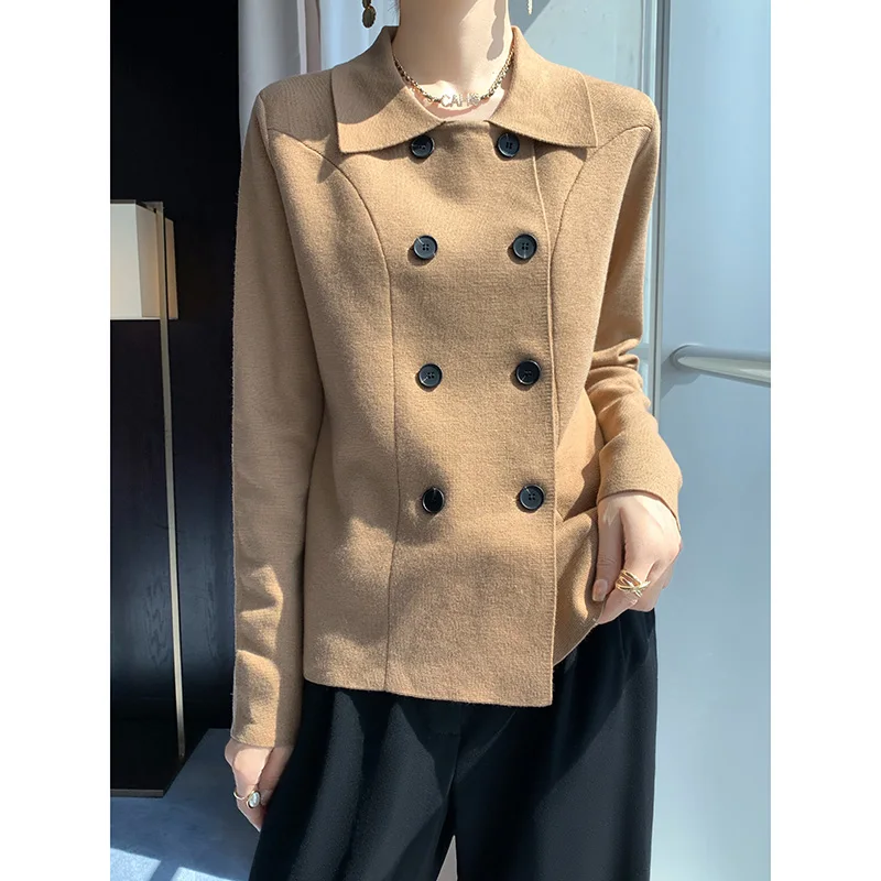 Women 100% Merino Wool Suit Jacket Double Breasted Suit Collar Cardigan Coat Thickened Knit Top Autumn Winter Warmth Sweater