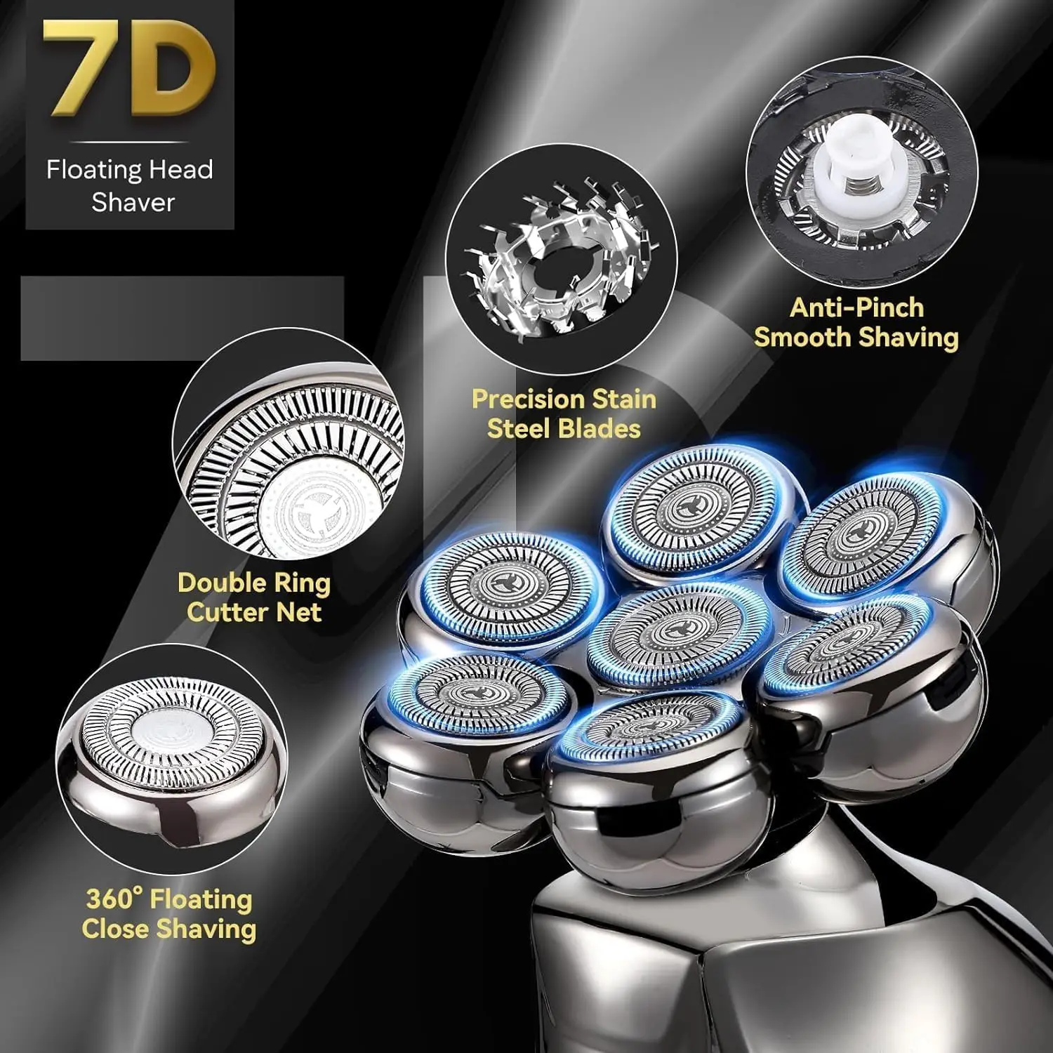 7D Head Electric Razor for Men, Multifunctional Bald Head Shaver Grooming Kit, Waterproof Type-C USB Rechargeable 6 in 1 Cordles
