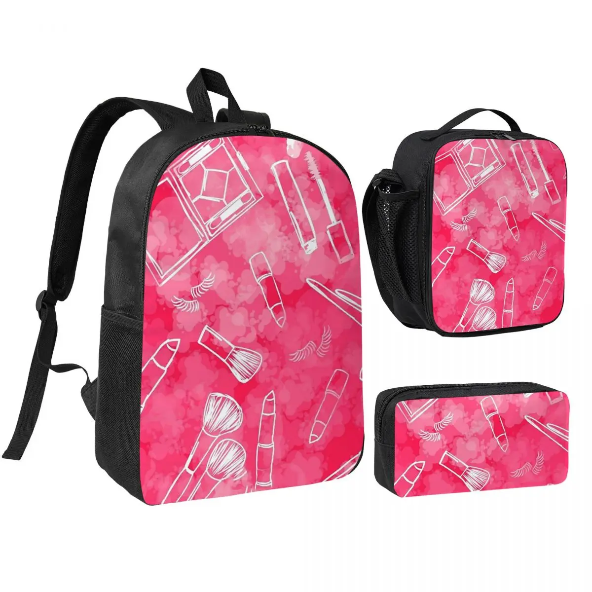 Pink Beauty Element Makeup Pattern Backpack Student BookBag School Bag Shoulder Bags 3ps Insulated Lunch Bag Pencil Case