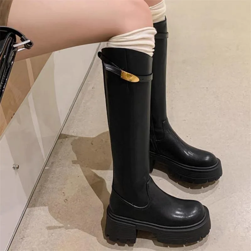 Retro Fashion Knight Boots Women 2025 Autumn Winter New Thick-Soled High-Heeled Boots Fashion Metal Buckle Knee-High Boots Women