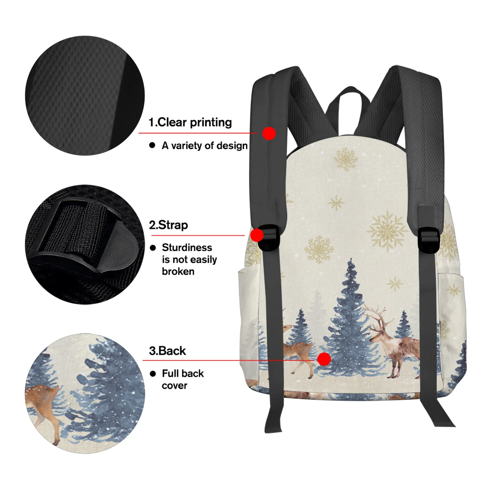 Christmas Tree Snowflake Elk Mochila Moda para Mulheres, Girl Travel Book Bags, Laptop Rucksack, Schoolbag, Laptop Bag, Inverno