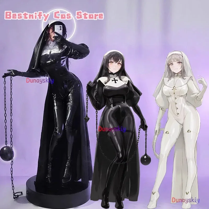 CosplayAnime Design originale Chowbie Nun Costume Cosplay Bianco Nero PU Tuta in pelle zentai Costume da donna Tuta sexy Ro