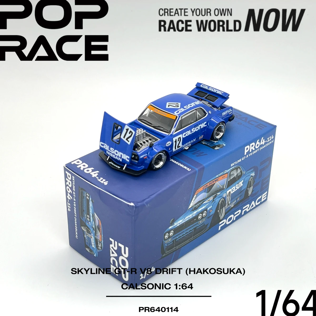 В наличии JDM Pop Race PR640114 1:64 Skyline GT‑R V8 Drift Hakosuka Calsonic Widebody Open Parts Коллекционная модель автомобиля из сплава