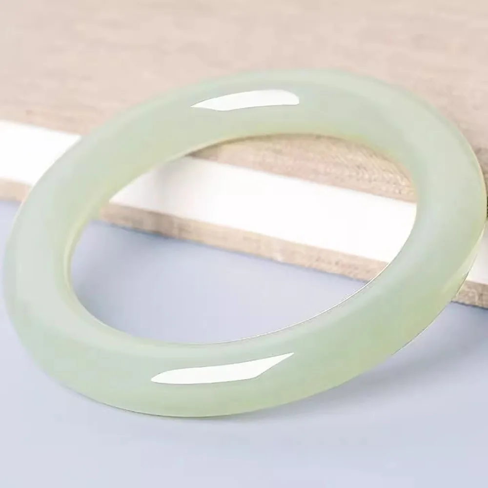 Xinjiang Hetian Jade Clear Water Color Bangles Fat Round Strip Blue and White  Natural Women Model