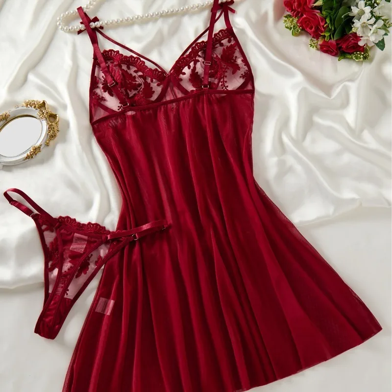 

Ladies' Wine Red Countryside Style Wheat Ear Embroidery Semi Transparent Nightgown, Elegant and Comfortable, Bow Design ZA825066