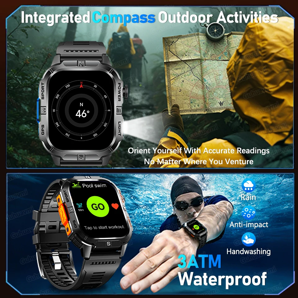 2026 Новые мужские военные GPS SmartWatch 2,01-дюймовый AMOLED-экран, двухдиапазонный GPS-компас, HD Bluetooth-вызов, 3 атм, водонепроницаемый спортивный браслет
