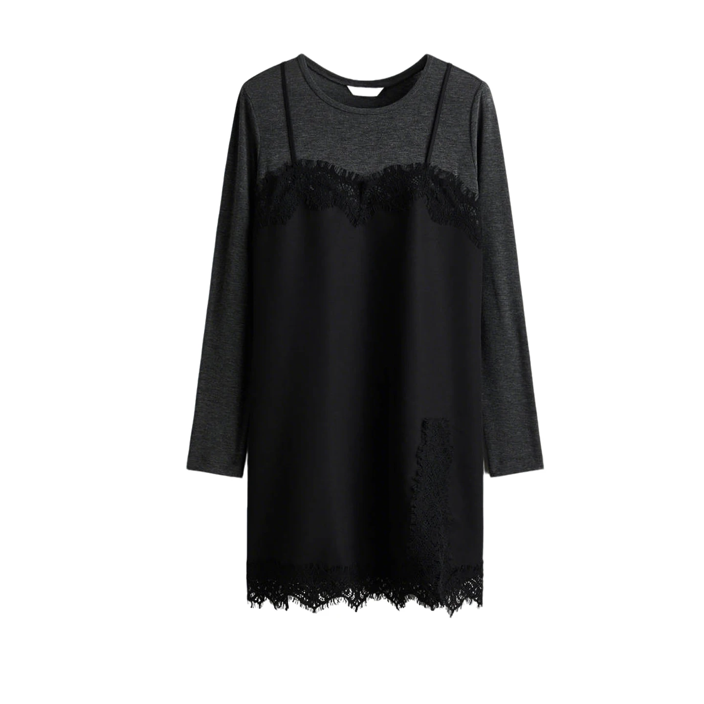 冬の新作 ラウンドネック ロング丈 エレガントなレディース レーストリム カジュアル スリーレイヤード風 ポリエステル フェアリースカート