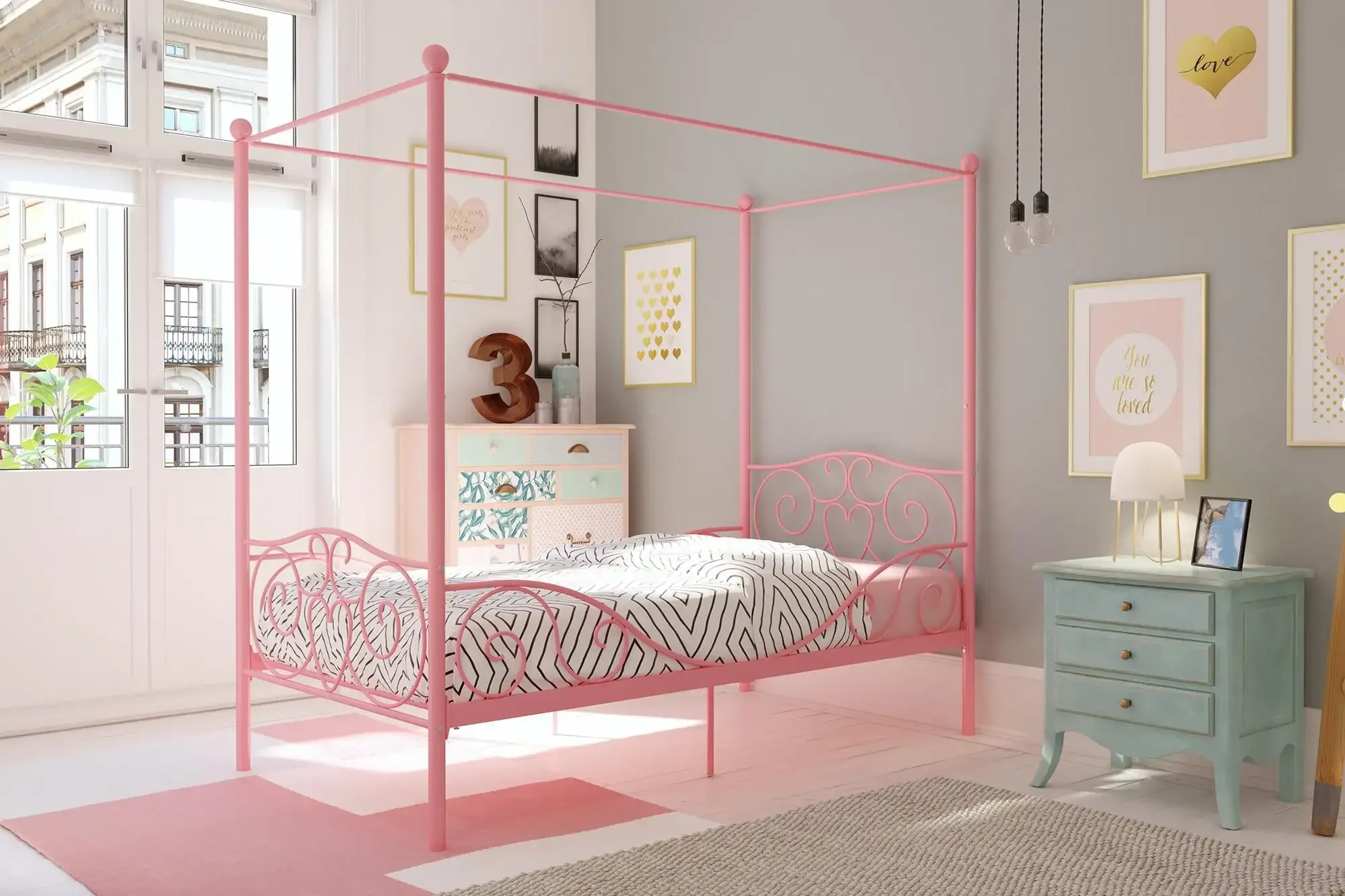 

Canopy Metal Bed, Twin, Pink