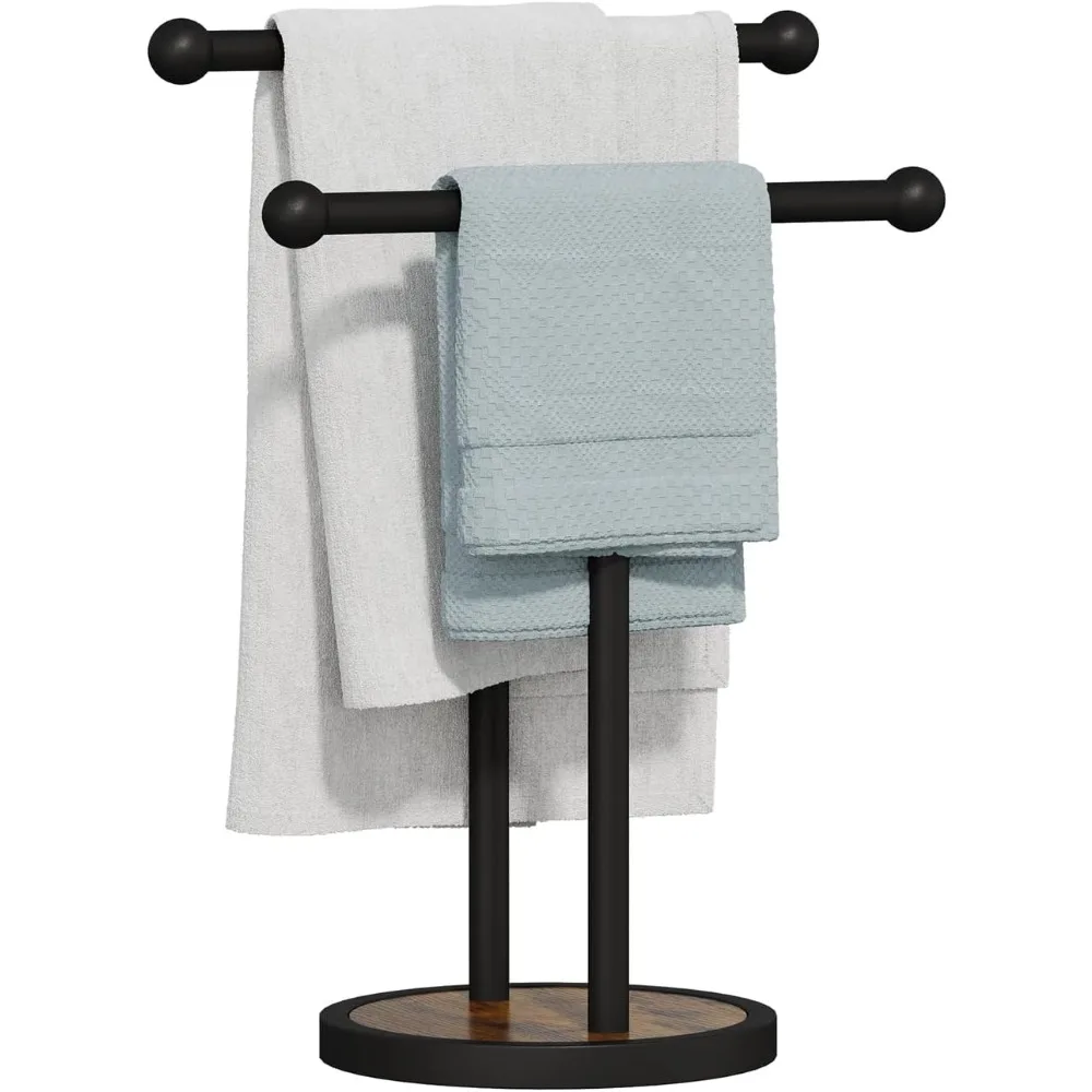 

hand towel stand with heavy wood base, free standing towel rack double t-shape hand towel holder for bathroom, countertop towel