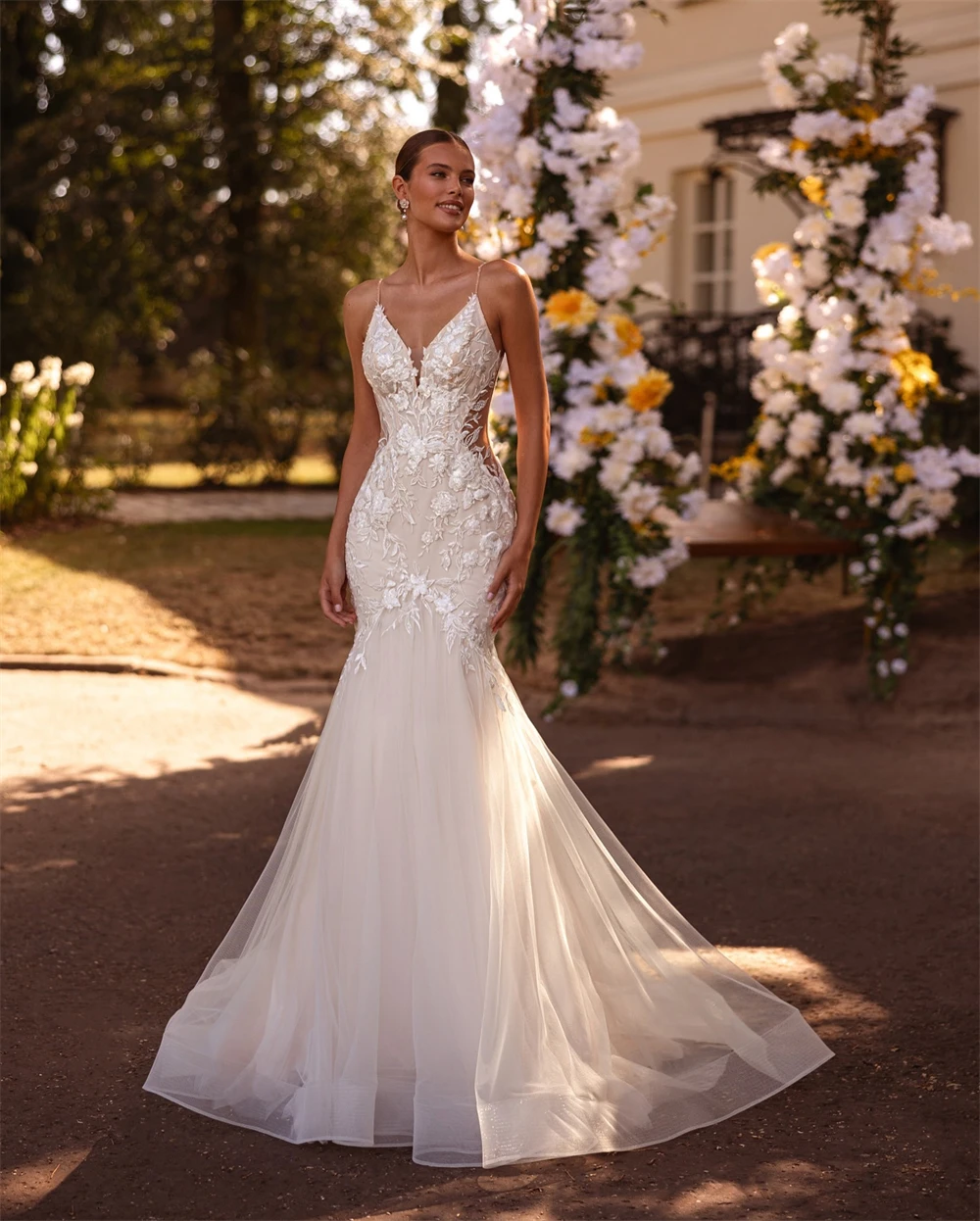 فستان زفاف أنيق من الأورجانزا الأبيض مخصص رسمي على شكل قلب بدون أكمام فستان زفاف بوهو حورية البحر ذيل محكمة رداء de mariée #3