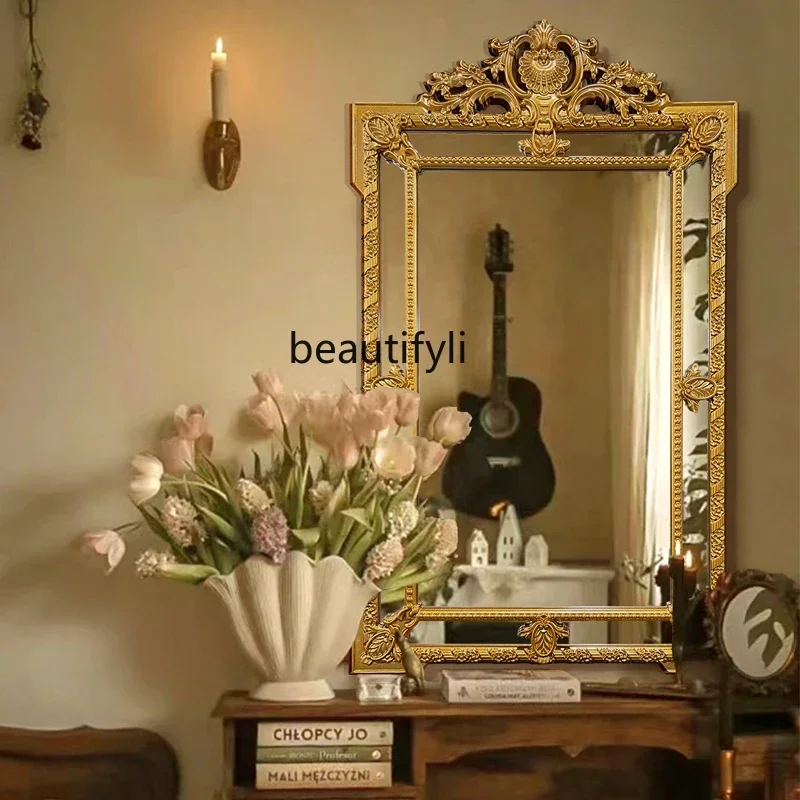 Yy French retro wall-mounted decorative mirror European restaurant wall-mounted fireplace mirror American bathroom makeup mirror