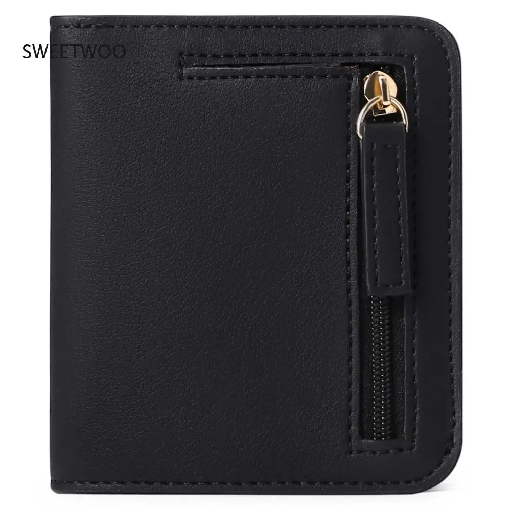 Sleek Minimalist Short Wallet, Zippered Coin Pocket Bi-Fold Faux Leather Purse