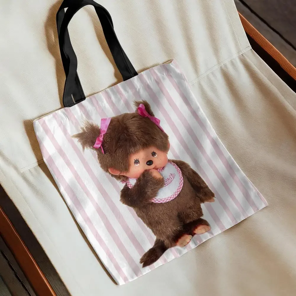 M-Monchhichi Cute Storage Bags Canvas Tote Bag Women Large Capacity Reusable Eco Shopping Shoulder Handbag