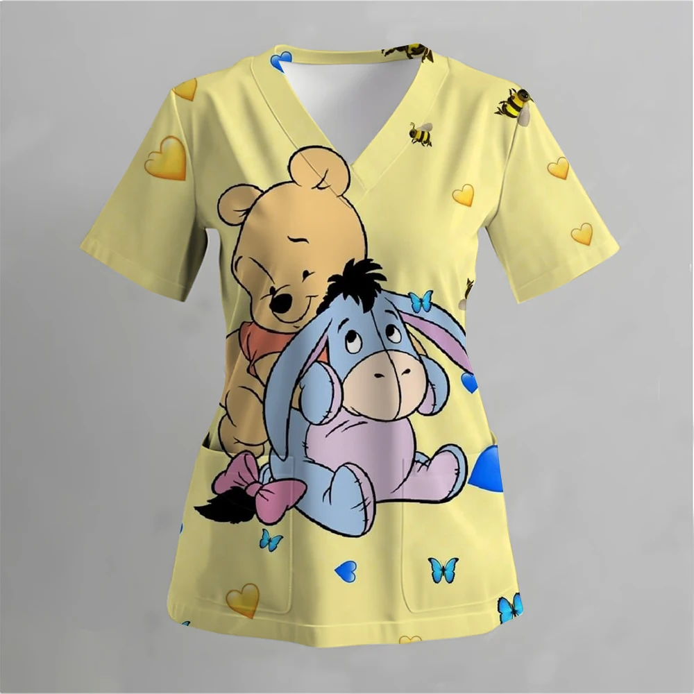 Winnie the Pooh Clinic โรงพยาบาลพยาบาล Workwear ฟัน 3D พิมพ์เสื้อยืดผู้หญิง V คอกระเป๋าทางการแพทย์เสื้อผ้าพยาบาล TOP ทํางาน
