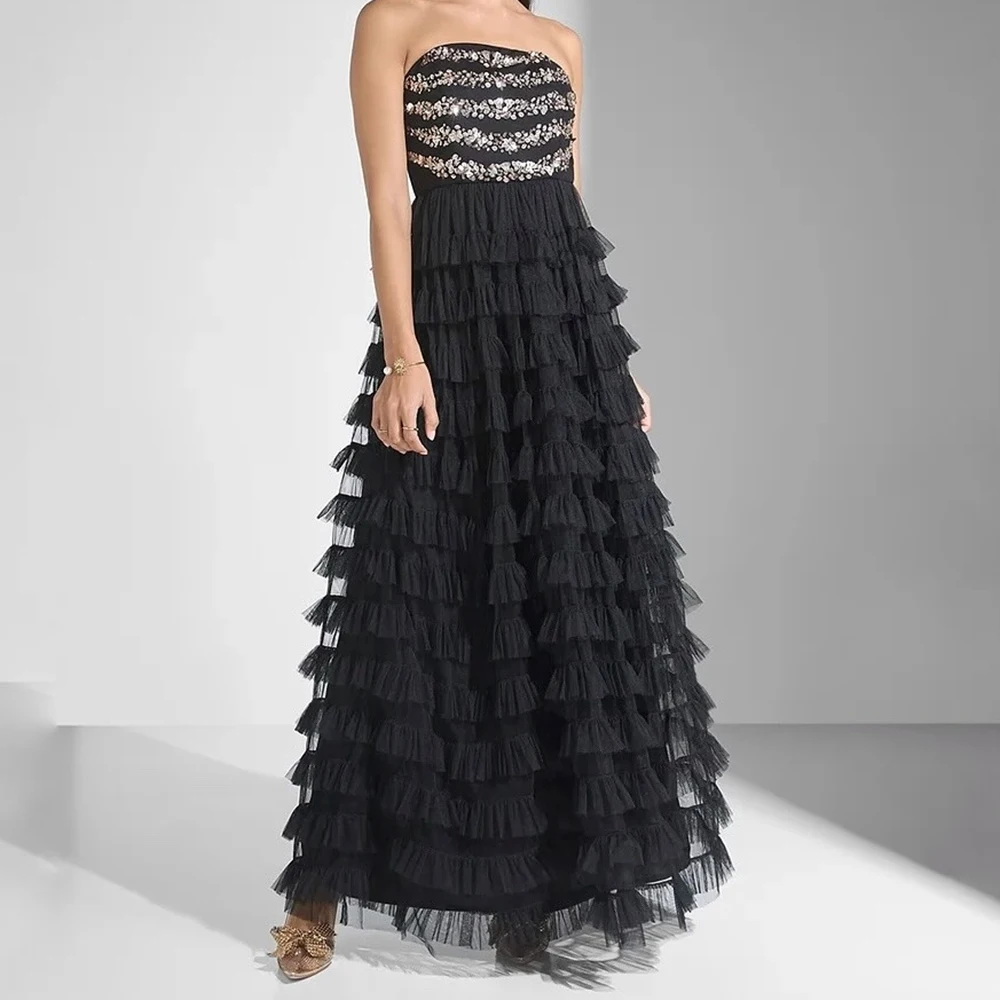 

Customized A-line Evening Dresses Ankle-length Strapless Sleeveless Prom Gown Fashion Sequined Tiered Draped Backless Party Gown