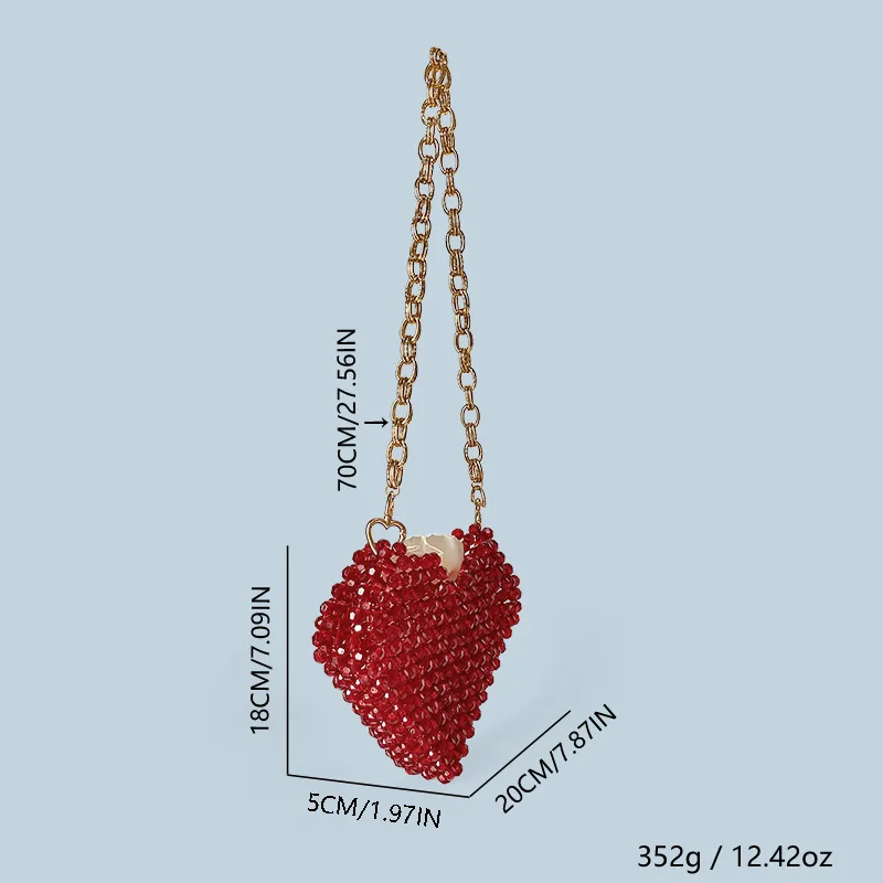 Fashion Red Heart Shape Beaded Bag Mini Handmade Acrylic Bead Gold Chain Shoulder Bag Female Evening Bag Wedding Party Clutches