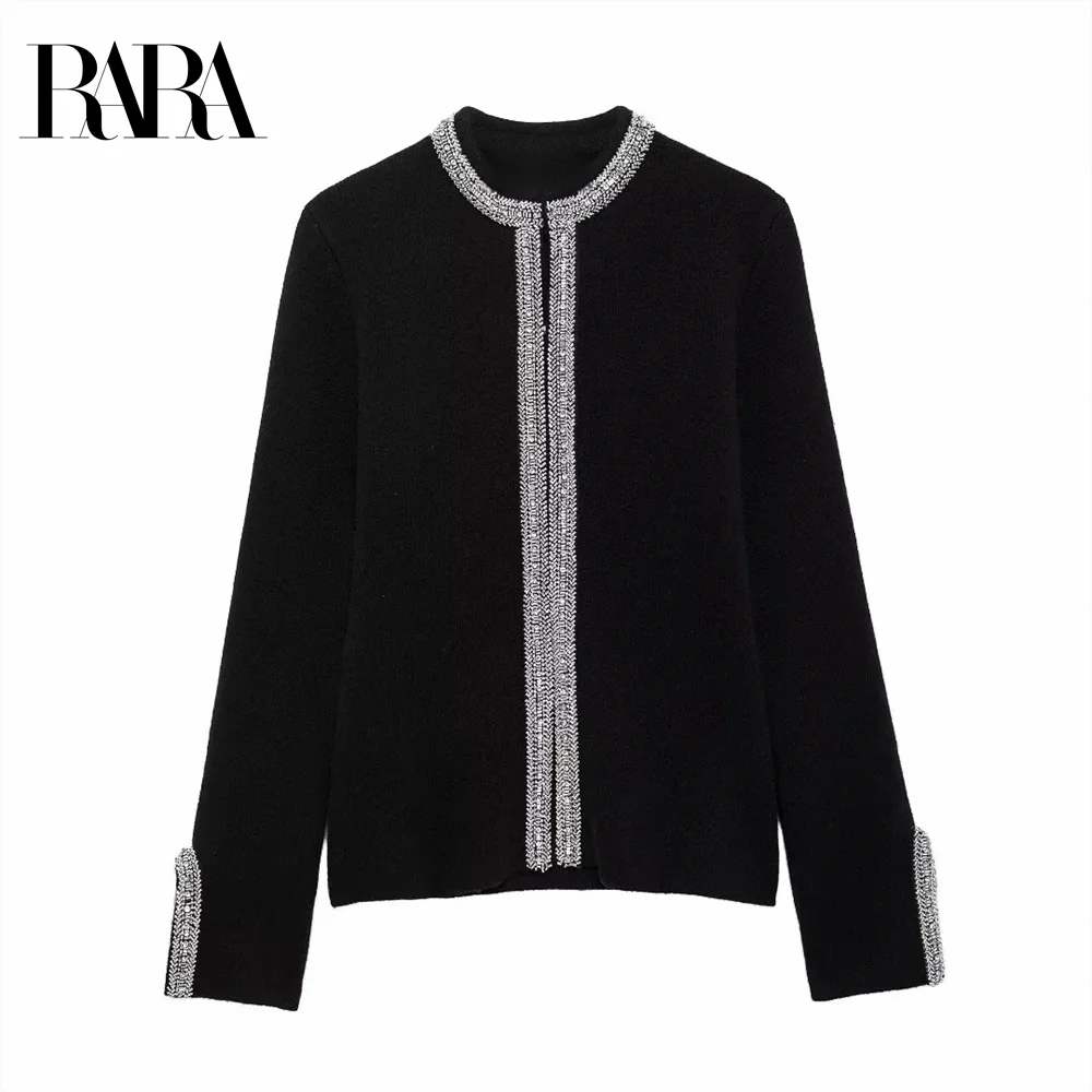 2024 RARA Autumn/Winter Women's Round Neck Long Sleeve Nail Beaded Edge Casual Versatile Knitwear Top Coat