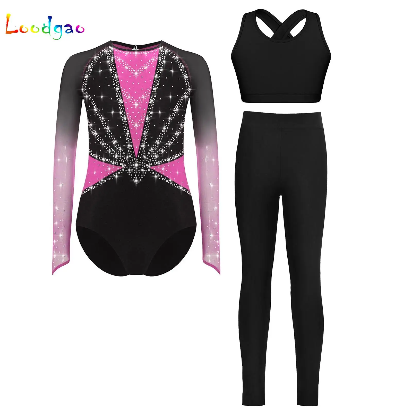 

Girls Gymnastics Leotards Children's Dancewear Set Clothing with Matching Vest Leggings for Kids Sports Gym Tracksuit