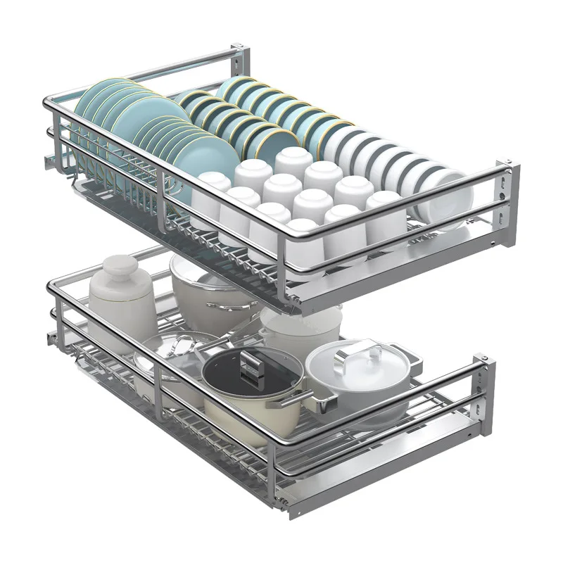 

Stainless Steel Storage Rack Slide Rails Cabinet Drawers Type Bowl Basket Seasoning Built-in Dish Organizer Accessories
