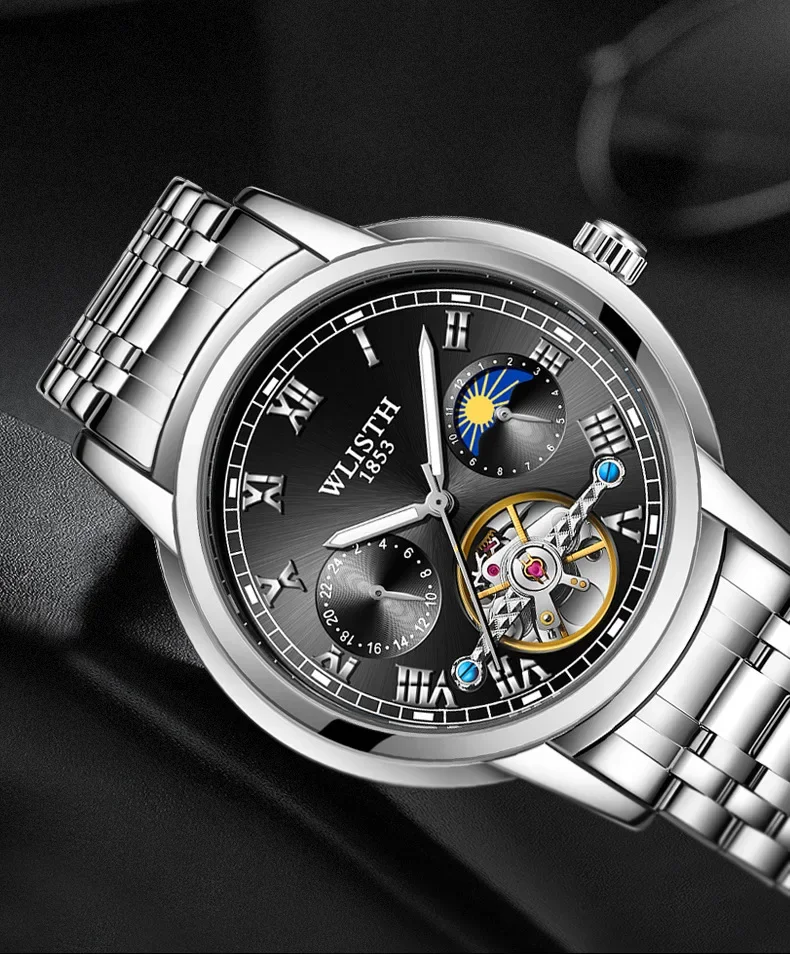 Men's 2026 Automatic Mechanical Watch Skeleton Flywheel Moon Phase Roman Numeral Waterproof Wristwatch