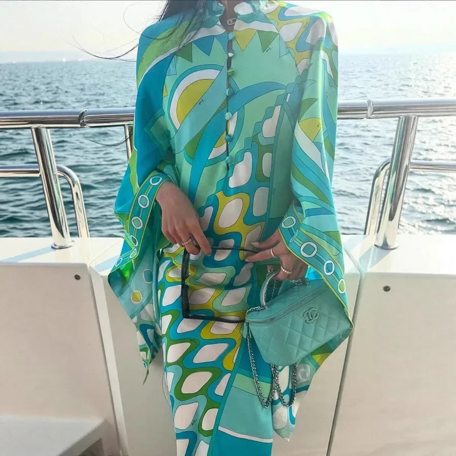 شتاء جديد ملابس منقوشة بكم طويل المرأة فستان ماكسي طويل الخريف الوقوف طوق فستان فضفاض للحفلات